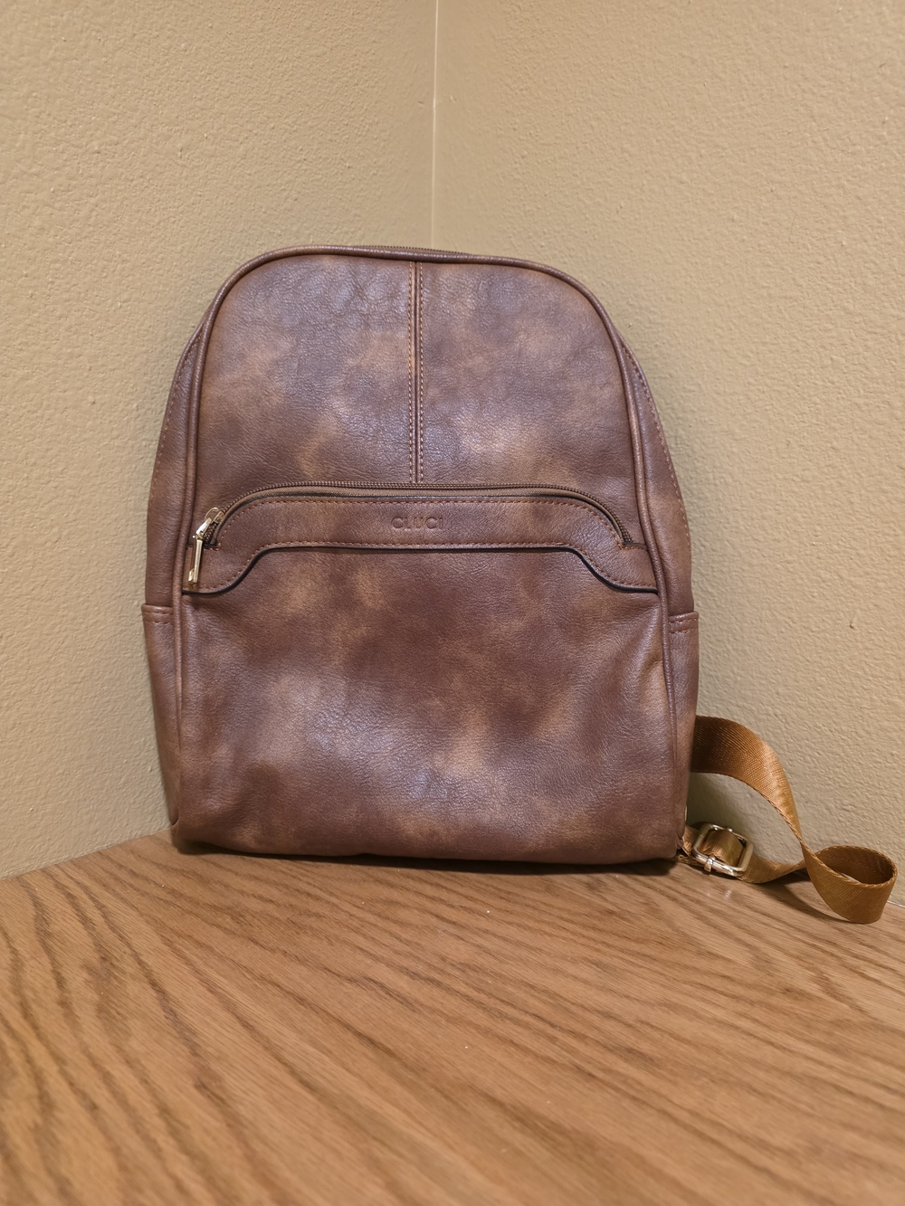 chic Distressed Brown Faux Leather Backpack with Gold Accents